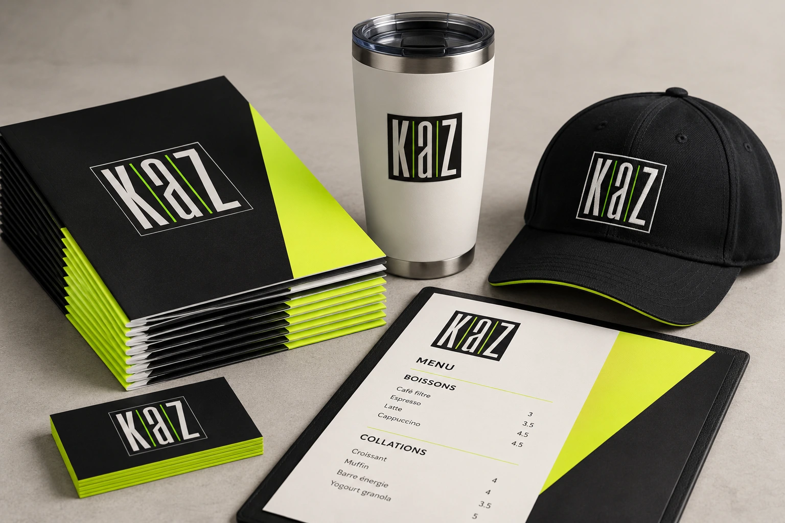Composition illustrative d’imprimés et d’articles promotionnels KAZ